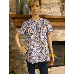 Mod Boutique Blue Pink Floral Smocked Blouse Top Sz S